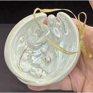 Iridescent Porcelain Christmas Ornament Manger Nativity AppleTree Design -LO11